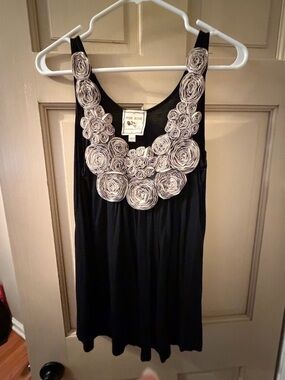 Pink Rose Black Tank with Cream Rosette Trim